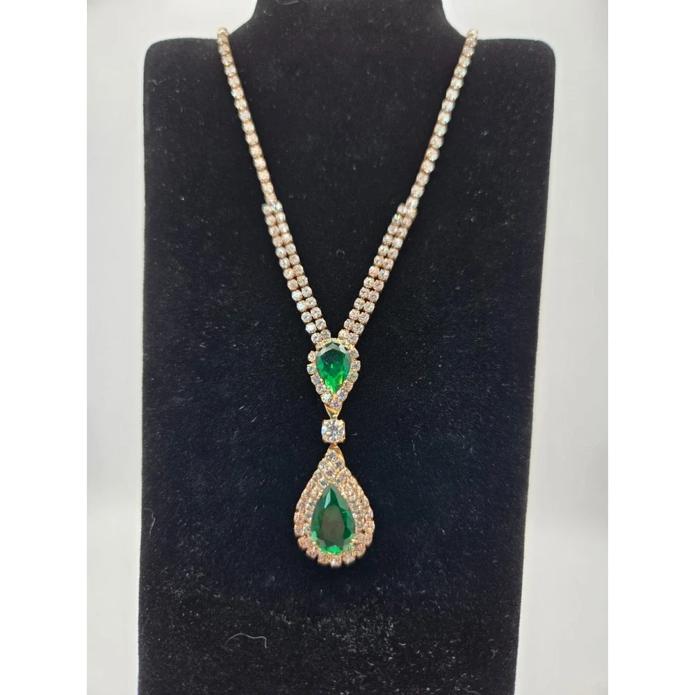 Emerald Green Teardrop‎ Rhinestone Necklace Gold Prom Bridal Pageant Formal Glam